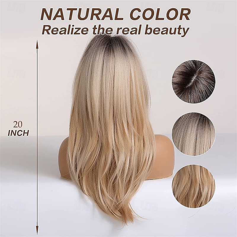 20 Inches Long Straight Blonde Layered Synthetic Hair Wigs for Women with Dark Roots for Daily Party Use4