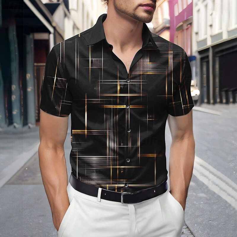 Men's Geometric Gradient Line Shirt Summer Shirt Button Up Shirt Short Sleeve Fashion Casual Outdoor Vacation Dailywear Summer Spring Turndown 3D Print Collared Shirts Black Pink Blue Dark Blue Gray