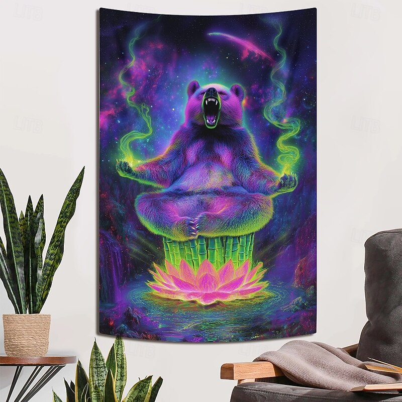 Blacklight Tapestry Glow in the Dark Glow Party UV Reactive Meditation Bear Animal Trippy Misty Hanging Tapestry Wall Art Mural for Living Room Bedroom