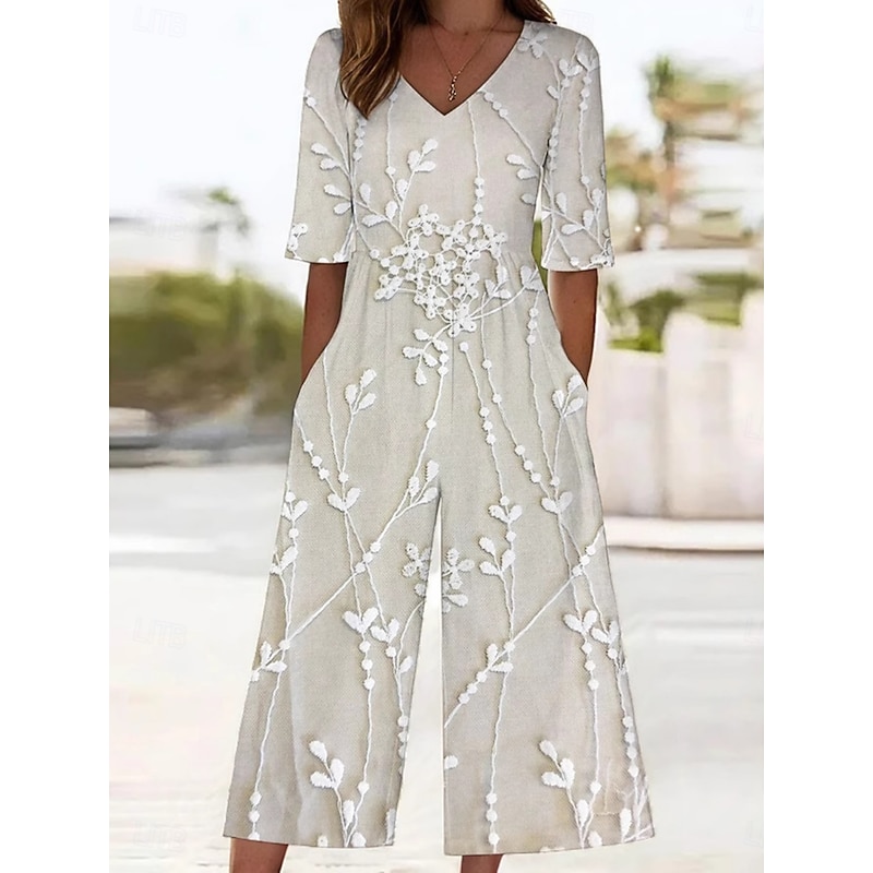 Women's Normal Jumpsuit Active Floral 3/4 Length Sleeve Wide Leg V Neck High Waist Vacation Daily Regular Fit Black Red Blue Summer4