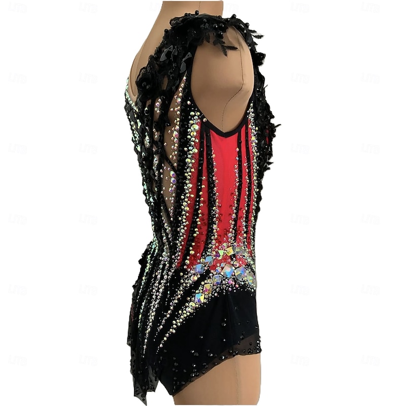 Rhythmic Gymnastics Leotard Women's Girls' Ice Skating Gymnastics Leotard Black Thumbhole Halo Dyeing High Elasticity Professional Competition Skating Wear Crystal / Rhinestone Sleeveless Ice Skating Figure4