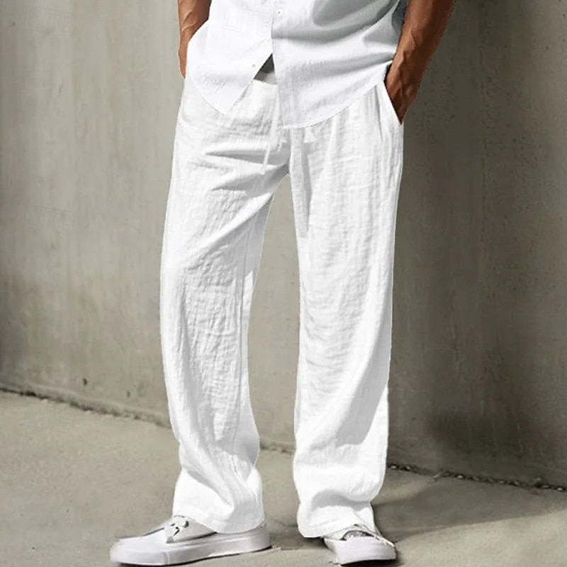 Men's Linen Pants Trousers Summer Pants Baggy Pants Beach Pants Drawstring Elastic Waist Straight Leg Plain Comfort Breathable Full Length Daily Holiday Going out Fashion Classic Style Black White2