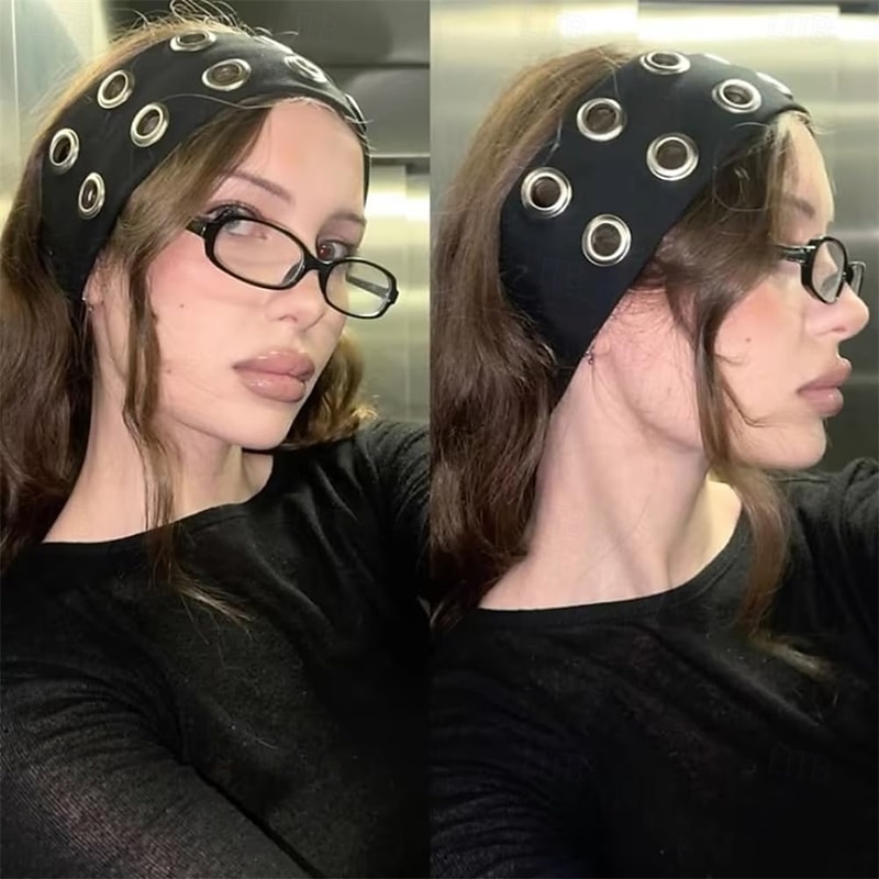 Women Hollow Out Eyelets Elastic Headband Y2k Girls Punk Grunge Wide Hairbands Stretchy Casual Hair Accessory2