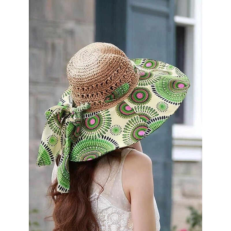 Women's Wide Brim Straw Sun Hat with Colorful Ethnic Print Bow – Boho Style Foldable Beach Hat for Summer Travel and Vacation4