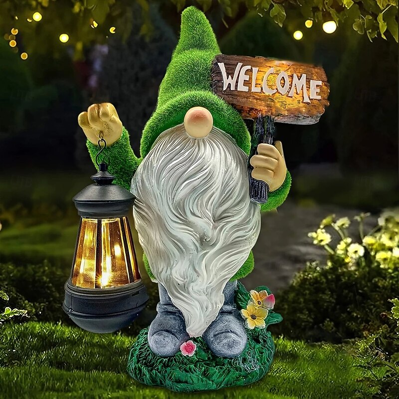 Outdoor Garden Lighs Gnome Statue Outdoor Decoration Large Flocked Resin Gnome Statue with Solar Light Handheld Lantern Welcome Sign Garden Yard Patio Porch Lawn Decoration