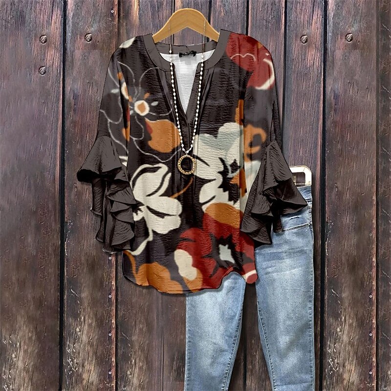 Women's T Shirt Tee Top Floral Graphic Fashion Modern Half Sleeve V Neck Regular Tops Daily Going out Ruffle Print White Orange Brown Summer Spring2