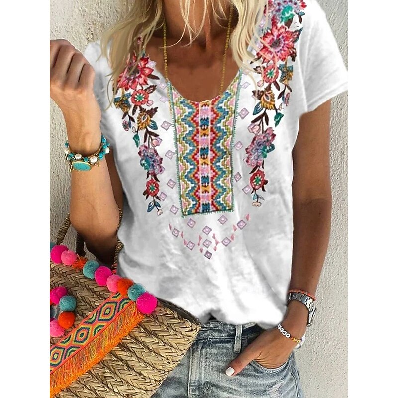 Women's T Shirt Floral Graphic Plants Bohemia Western Ethnic Short Sleeve V Neck Regular Tops Daily Going out Weekend Print White Red Blue Summer Spring
