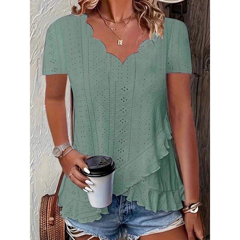 Women's Blouse Solid Color Stylish Casual Short Sleeve V Neck Regular Tops Daily Ruffle Eyelet White Yellow Pink Blue Green Summer4