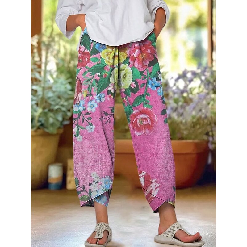 Women's Chinos Baggy Pants Beach Shorts Vacation Vintage Ethnic Style Ankle-Length High Waist Floral Graphic Printing Thermal Warm Soft Breathable Micro-elastic Formal Vacation Street Pink Orange2