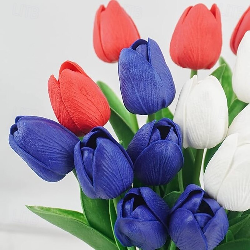 18 Pcs Real Touch Tulips Artificial Patriotic Flowers for 4th of of July Decoration Cemetery Flowers for Grave Vase Memorial Day Independence Day Decor4