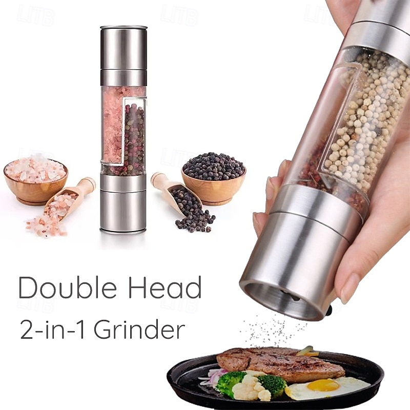 2 in 1 Stainless Steel Salt and Pepper Grinder Set Double Head Salt and Pepper Grinder Manual Salt and Pepper Mill Grinder Salt Grinder Refillable Sea