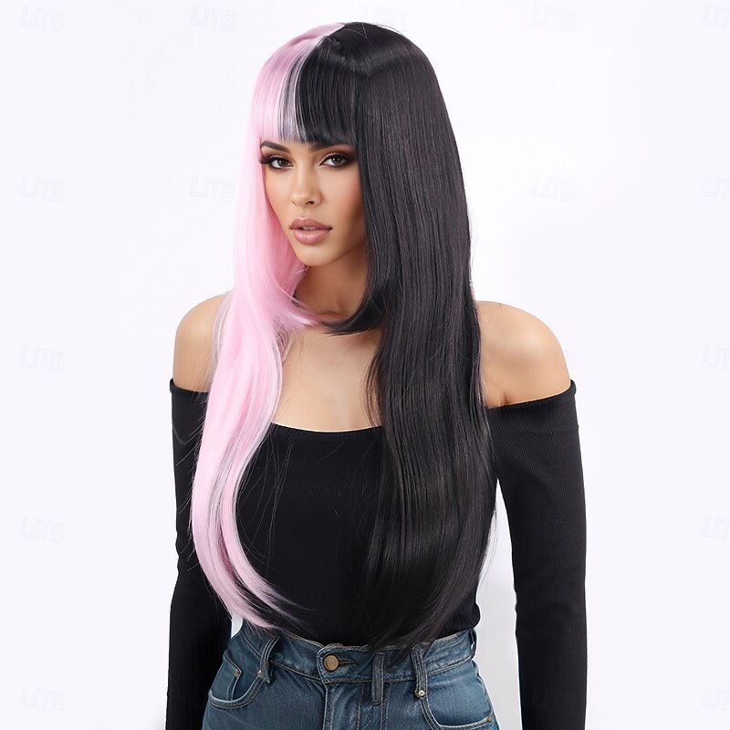 Synthetic Wig Curly Weave Natural Straight Layered Haircut With Bangs Machine Made Wig 26 inch A1 Synthetic Hair Women's Classic Comfortable Color Gradient Pink Black3