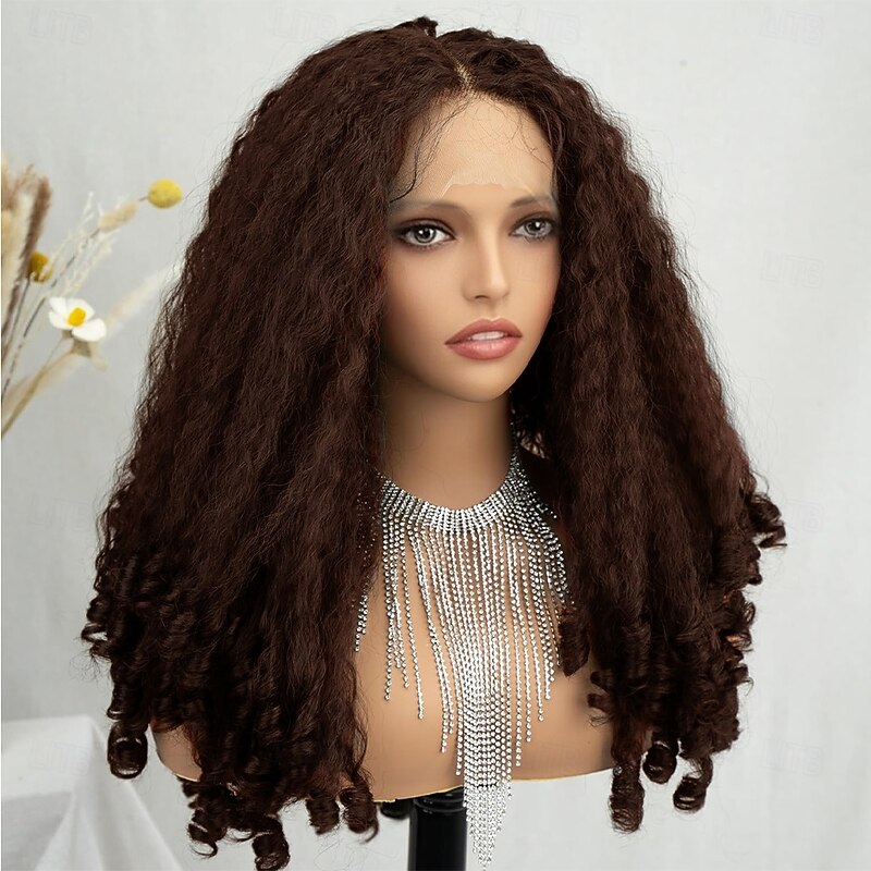 Synthetic Lace Wig Jerry Curl Style 20 inch Dark Brown Middle Part 13x4x1 T Part Lace Front Wig Women's Wig Dark Brown3