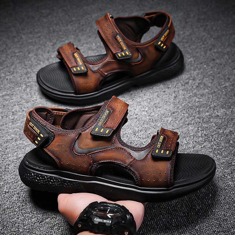 Men's Brown Faux Leather and Mesh Sport Sandals with Dual Buckle Straps – Durable Outdoor Sandals for Hiking, Beach or Vacation Wear2