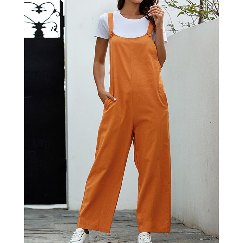 Women's Normal Cotton Linen Pants Basic Solid Color Sleeveless U Neck Pocket Street Going out Regular Fit Black White Navy Blue Summer