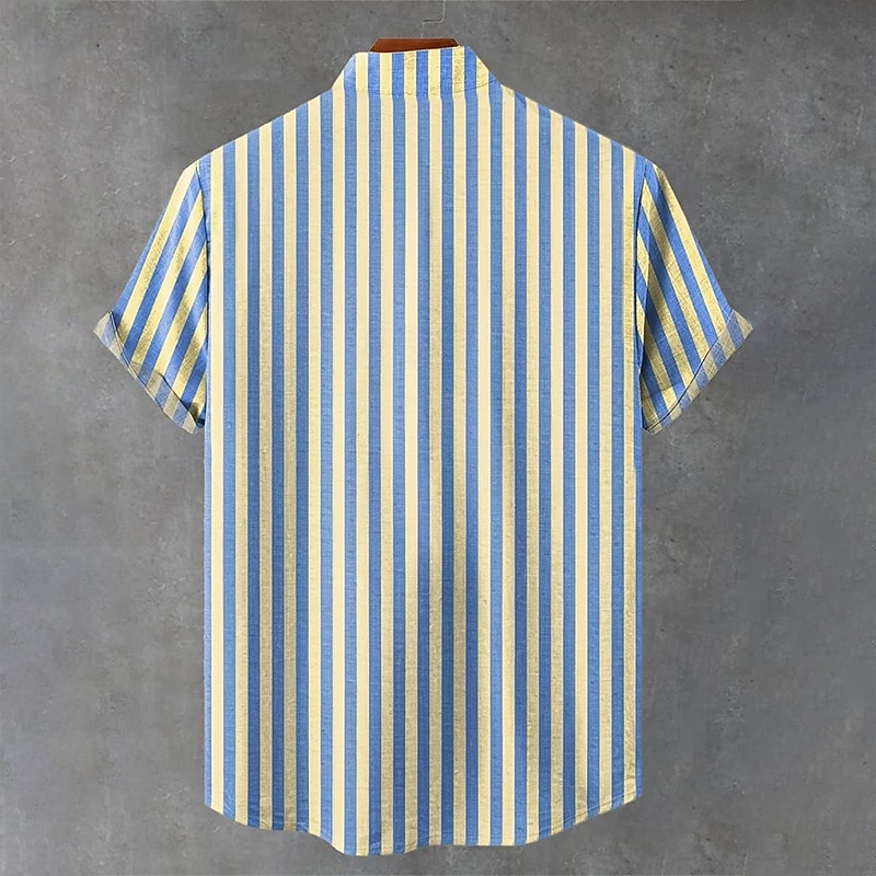 Men's Linen Shirt Popover Shirt Summer Shirt Casual Shirt Beach Shirt Henley Shirt Stripe Vacation Daily Blue Short Sleeve Mandarin Collar Summer Spring Clothing Apparel2