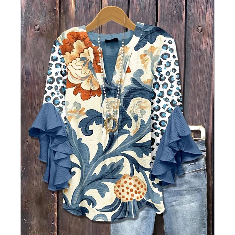 Women's Retro Blouse Layered Ruffle Sleeve Tops Vintage Floral Graphic Bohemia Vintage Daily 3/4 Length Sleeve Regular Tops Daily Holiday Vacation Wear Print Blue Khaki Summer Spring Fall