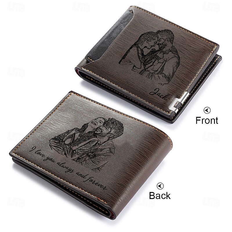 Personalized Photo Engraved Leather Wallet Custom Best Gift for Dad, Brown Leather, Custom Photo and Text Engraved Front and Back, Anniversary, Birthday, Father's Day, Christmas Gift