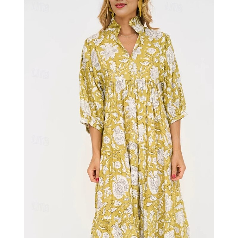 Women's Midi Dress Casual Dress Floral Dress Print Dress Fashion Modern Vacation Holiday Going out Regular Fit Flower 3/4 Length Sleeve Shirt Collar Light Yellow Summer2