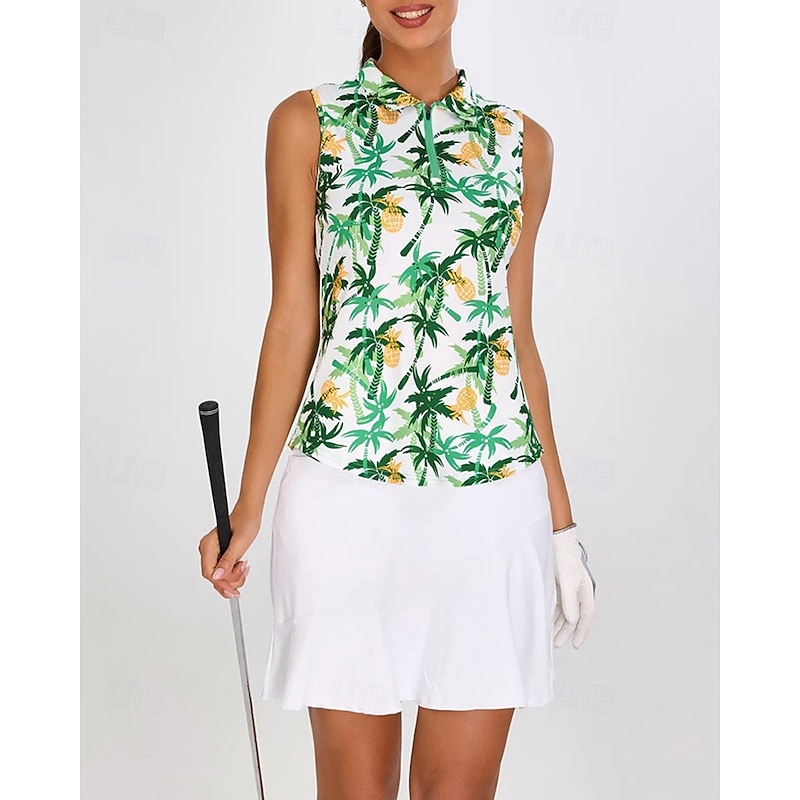 Women's Tree Tropical Tennis Shirt Sleeveless Print UPF50+ Quick Dry Tennis Golf Badminton Zip Collar Tee Tshirt Top Green Tennis Clothing