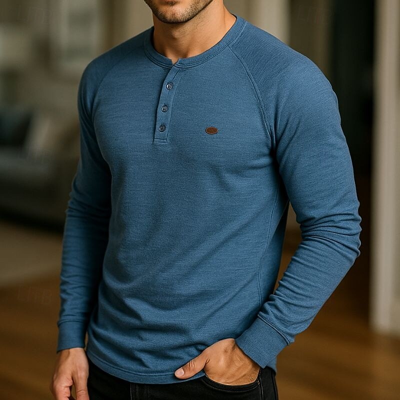 Men's Button T Shirt Henley Shirt Pullover Sweatshirt Long Sleeve Shirt Denim Blue White Navy Blue Orange Brown Clothing Apparel Essential Waffle