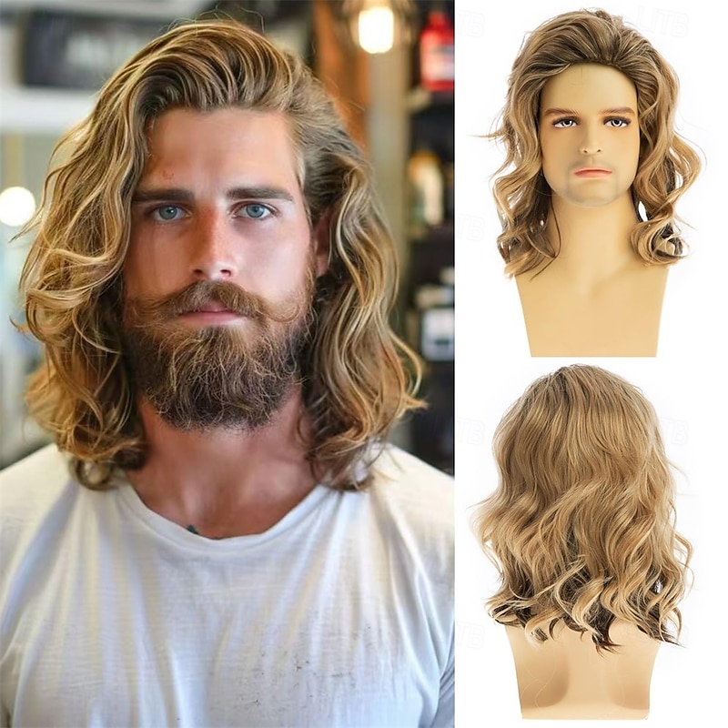 Mens Wig Short Curly Blonde Fluffy Hair Synthetic Natural Halloween Cosplay Costume WigBlonde Mixed Brown