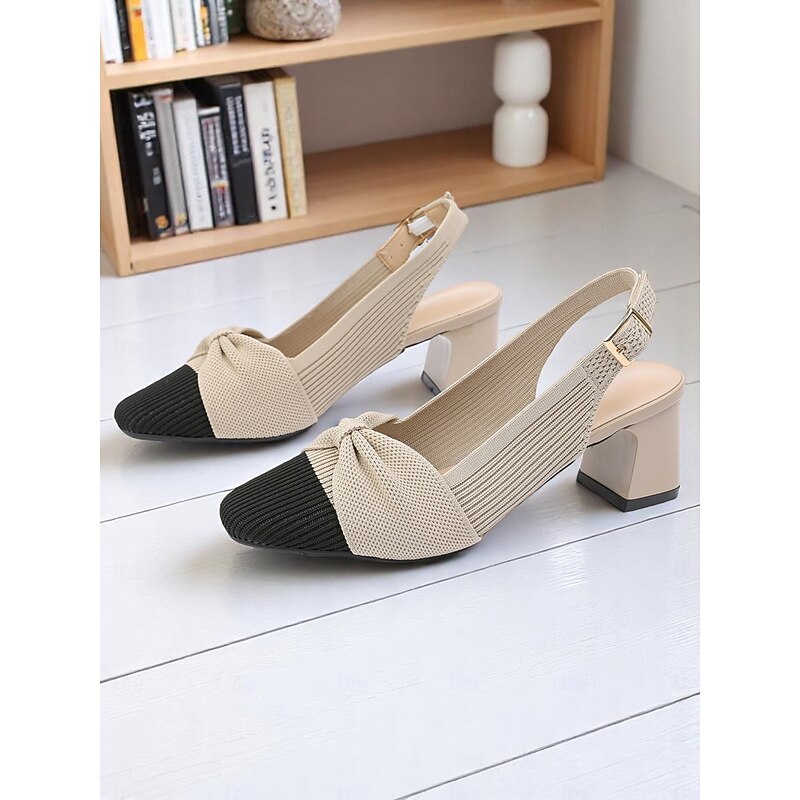 Women's Green Slingback Heels with Bow Detail – Breathable Flyknit Low Block Heels for Spring Commute, Office and Casual Chic Outfits4