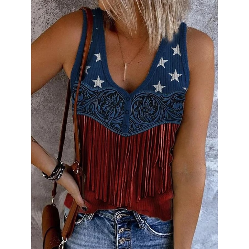 Women's Patriotic  Tank Top Flag Rock Beach Sleeveless Sleeveless V Neck Regular Tops Daily Club Uniforms Going out Wine Blue Dusty Blue Summer Spring3