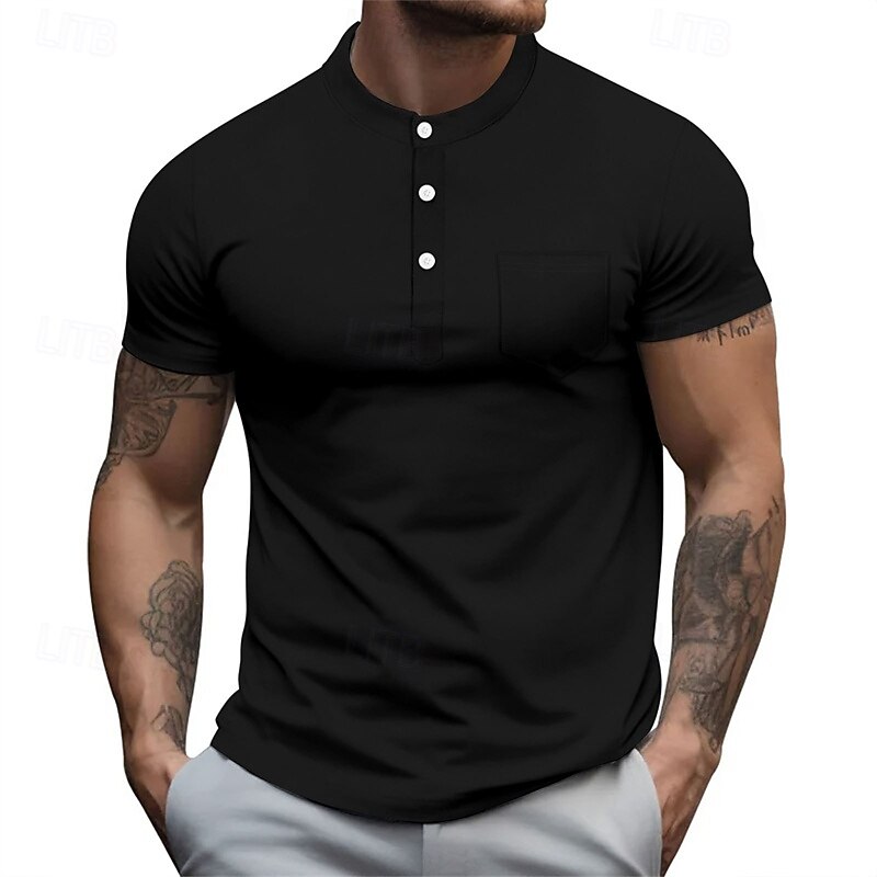 Men's T Shirt Henley Shirt Tee Short Sleeve Shirt Short Sleeve Henley Summer Color Block Fashion Designer Basic Pocket Vacation Street Going out Black White Navy Blue Top Tee for Men4