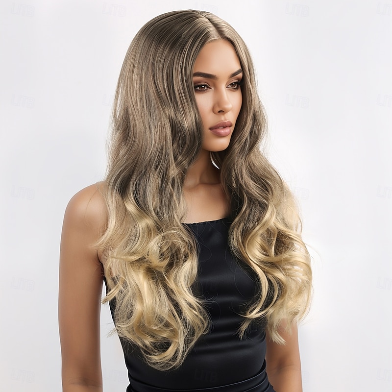 Synthetic Wig Wavy Layered Haircut With Bangs Machine Made Wig 28 inch A1 Synthetic Hair Women's Classic Comfortable Color Gradient Blonde3