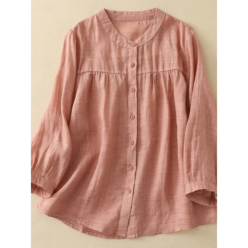 Women's Cotton Linen Shirts Solid Color Basic Casual Long Sleeve High Neck Regular Tops Daily Buttons Blue Purple Orange Khaki Gray Summer