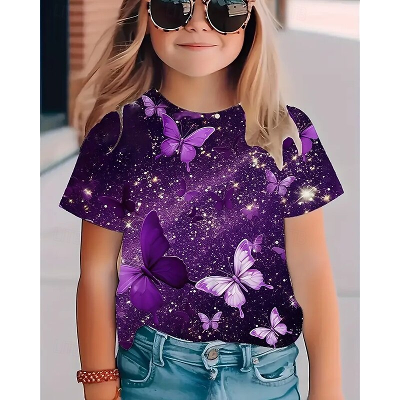 Girls' 3D Butterfly T shirt Tee Short Sleeve Summer Spring Fashion Basic Kids 4-12 Years Crew Neck Outdoor Casual Daily Regular Fit