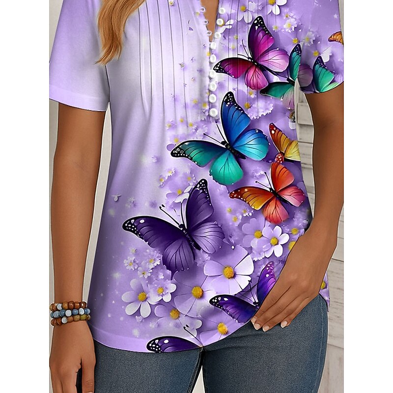 Women's T Shirt Ombre Floral Graphic Vintage Stylish Classic Short Sleeve Round Neck Regular Tops Daily Weekend Beach Wear Smocked Buttons Print Red Purple Green Summer Spring3
