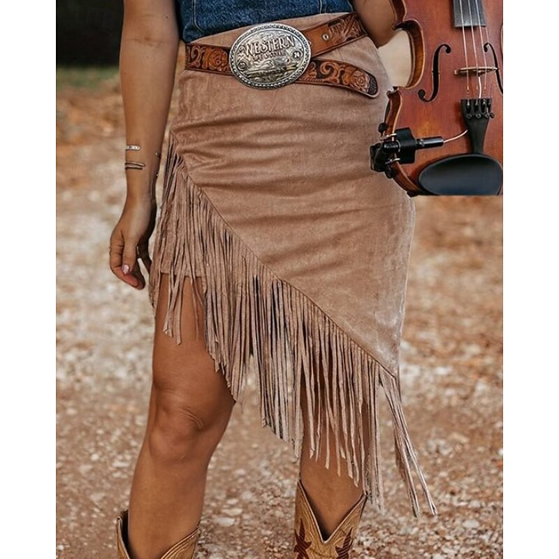 Women's Skirt Bohemia Fashion Boho Midi Mid Rise Skirts Plain Tassel Fringe Micro-elastic Vacation Street Light Brown Summer Polyester