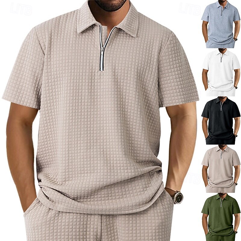 Men's Waffle Polo Shirts Quarter Zip Polo Daily Holiday Lapel Short Sleeve Fashion Basic Plain Jacquard Summer Regular Fit Black White Khaki Light Grey Army Green Waffle Polo Shirts