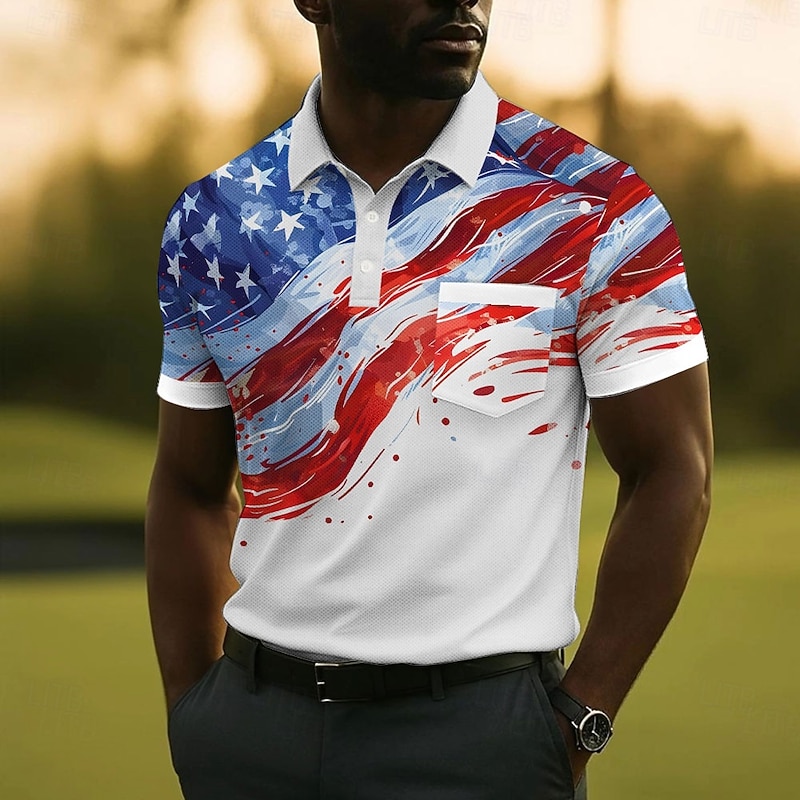 American Independence Day Men's American Flag Polo Short Sleeve Polo Shirts Collared Shirts Casual Outdoor Athleisure Daily Wear Buttons 3D Print Summer Blue