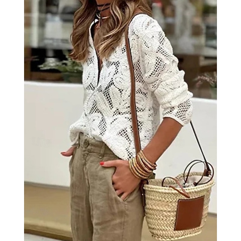 Women's Shirt Blouse Plain Casual Long Sleeve Crew Neck Regular Tops Daily Going out Lace White Summer4