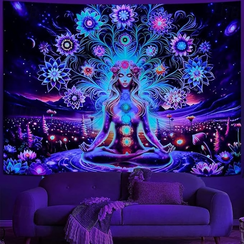 Blacklight Tapestry Glow in the Dark Glow Party UV Reactive Boho Mandala Chakara Trippy Misty Meditation Hanging Tapestry Wall Art Mural for Living Room Bedroom4