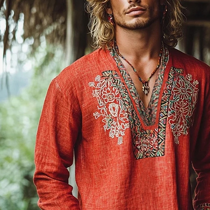 Men's Popover Shirt Summer Shirt Beach Wear Vintage Shirt Ethnic Shirt Floral Vacation Holiday Yellow Blue Orange Brown Long Sleeve V Neck Summer Spring Clothing Apparel2