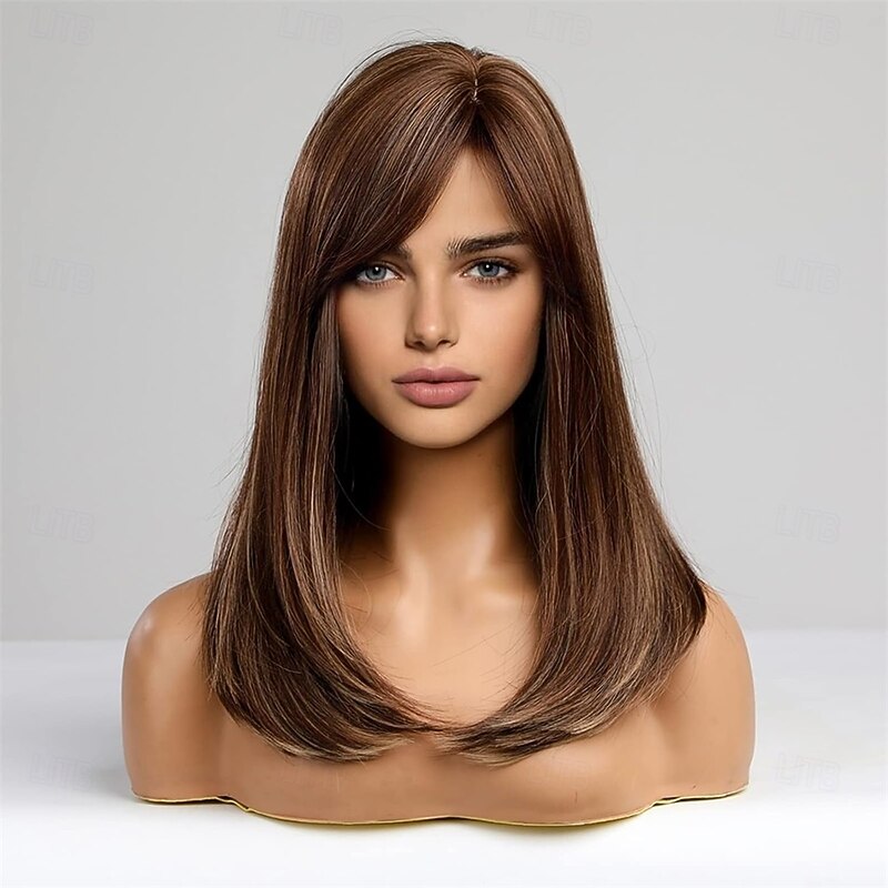 Long Mixed Brown Wigs for Women Layered Synthetic Hair Wig with Partial Fringe3