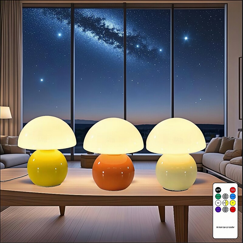 3-Color Table Lamp Mushroom Adjustable Remote Control Ceramic Lamp Bedroom Bedside Lamp Cream Style Mushroom Table Lamp Bedroom Decoration Small Night Light Study Lighting   USB 1PC4