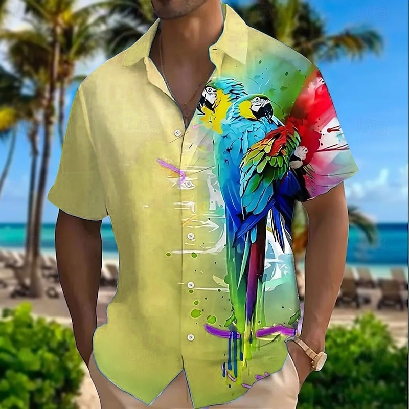 Men's Bird Parrot Shirt Summer Hawaiian Shirt Button Up Shirt Short Sleeve Hawaiian Vacation Holiday Beach Wear Summer Spring Turndown 3D Print Collared Shirts Yellow Blue Purple Green2