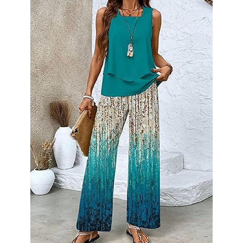 Women's 2 Pieces Fashion Streetwear Daily Camis Pants Sets Sleeveless Square Neck Floral Graphic Print Outdoor Casual Daily Navy Blue Ocean Blue Blue Summer Loose Fit2