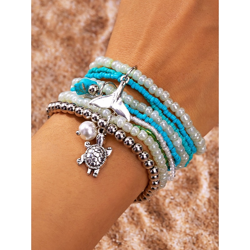 Turtle and Whale Tail Beaded Bracelet Set for Women  Ocean-Inspired Jewelry with Pearl, Turquoise, and Silver Accents  Perfect for Beach, Summer and Bohemian Style2