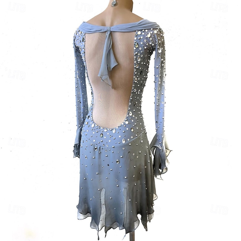 Figure Skating Dress Women's Girls' Ice Skating Dress Gray+White Patchwork Asymmetric Hem Mesh High Elasticity Training Competition Skating Wear Classic Crystal / Rhinestone Long Sleeve Ice Skating2