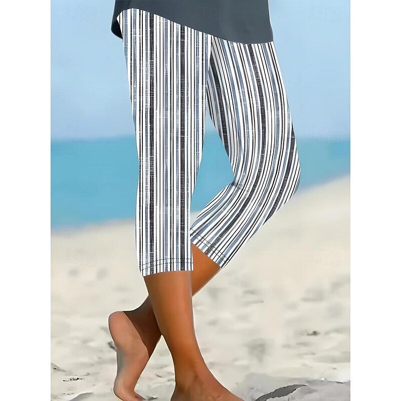 Women's Leggings Capri Pants High Elasticity Vacation Fashion Streetwear Full Length Mid Waist Graphic Lines / Waves Printing Thermal Warm Breathable Soft Stretchy Outdoor Vacation Street