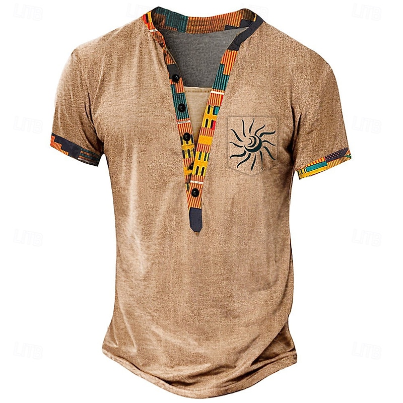 Men's Graphic Tribal Ethnic T Shirt Henley Shirt Tee Short Sleeve Designer Basic Ethnic Outdoor Casual Daily Summer Light Green Light Brown Khaki Henley Henley T-Shirt3