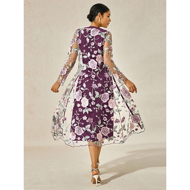Women's Tea Length Sheath Dress Dress With Jacket Elegant Cocktail Semi Formal Wedding Party Wedding Guest Floral Long Sleeve Crew Neck Purple Spring Fall Winter3