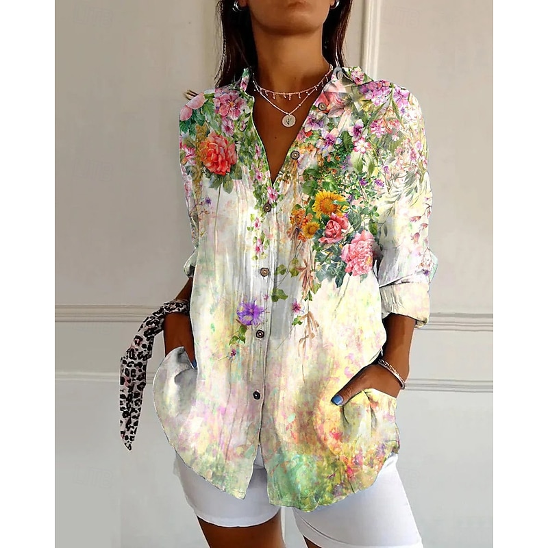 Women's Shirt Graphic Flower Daily Stylish Basic Half Sleeve V Neck Regular Tops Daily Holiday Print Yellow Sky Blue Light Blue Spring Fall3