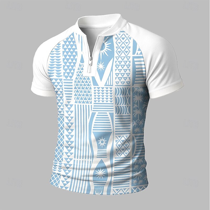 Men's Graphic Zip Polo Short Sleeve Stand Collar Modern Leisure Athleisure Casual Daily Zipper 3D Print Summer Robin's Egg Blue White Blue White2